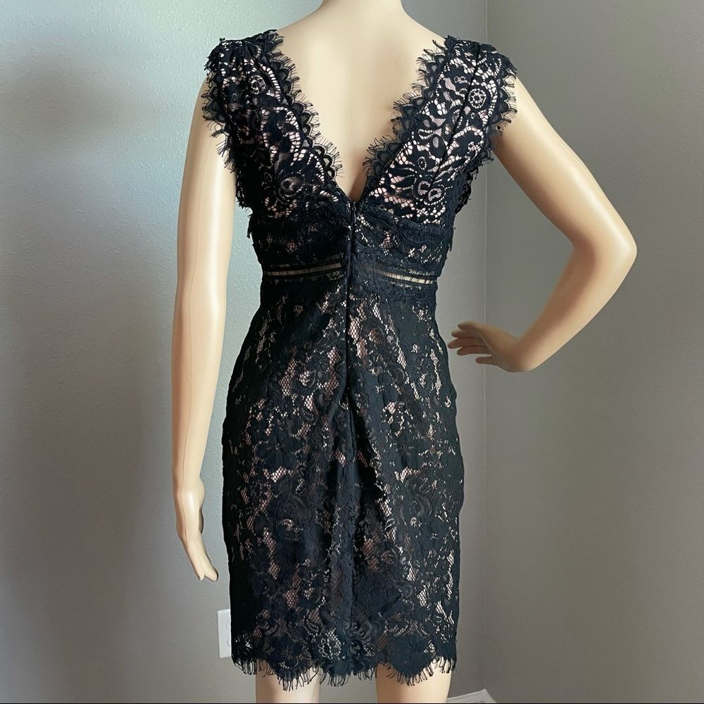 Just Me Sleeveless Plunging Neckline Mini Dress Black Lace Over Nude Size Small - Picture 8 of 14